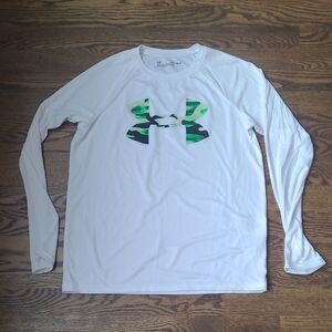 Under Armour Youth White Long Sleeve Tee with Green Logo